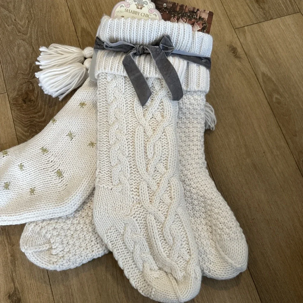 Shabby‎ Chic Chunky Knit Holiday Stockings Cream Set of Four NEW